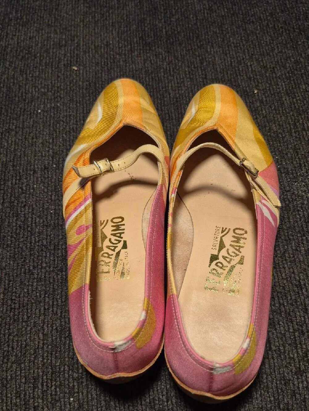 Salvatore Ferragamo Pink, Yellow & Orange Patterned Mary Jane Flats
